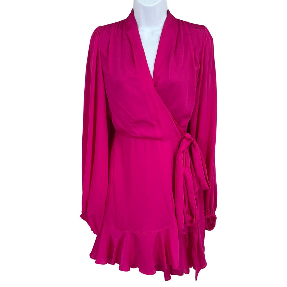 Banana Republic Wrap Dress Womens Sz M Pink Ruffle Hem Long Sleeve Mini Cocktail